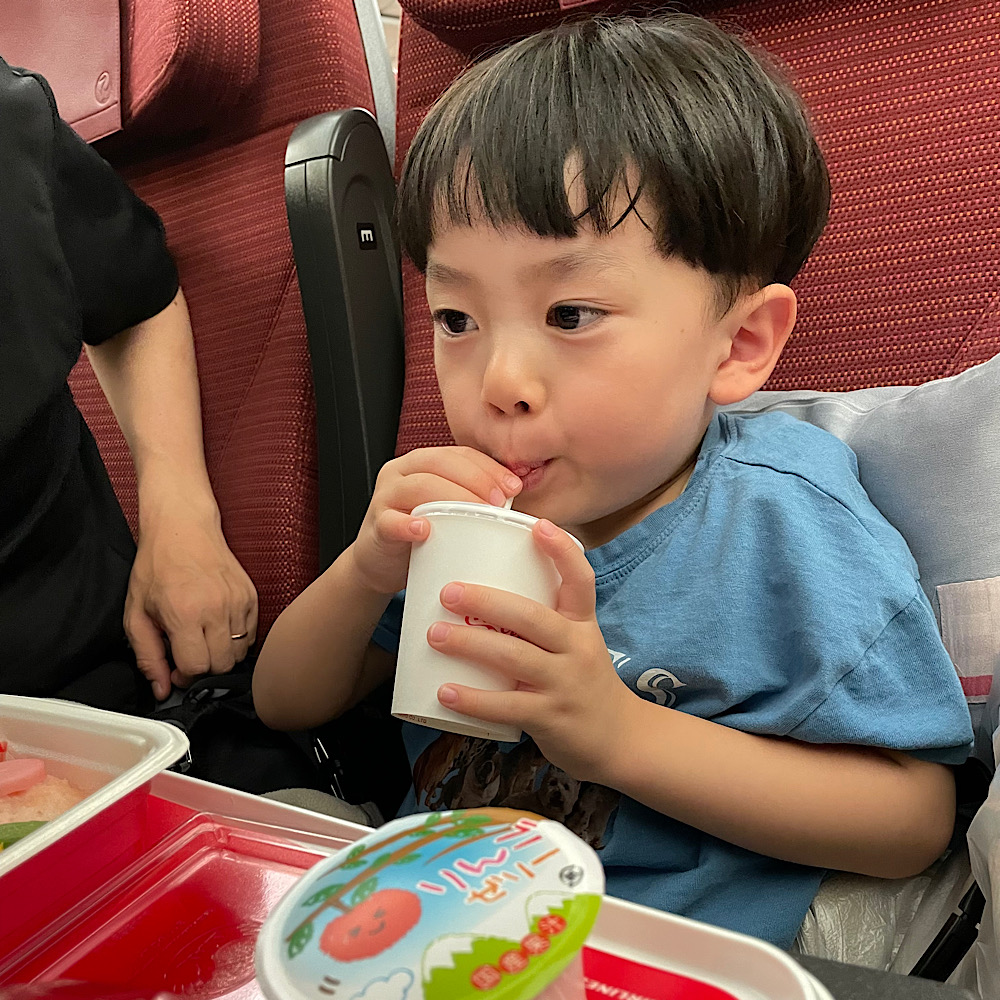 4歳児子連れ海外旅行！ハワイ島6泊8日の旅！ドキドキの出発日編ブログ！チャイルドミールは子どもが好きなものばかり！りんごジュースをぐいぐい飲む息子。