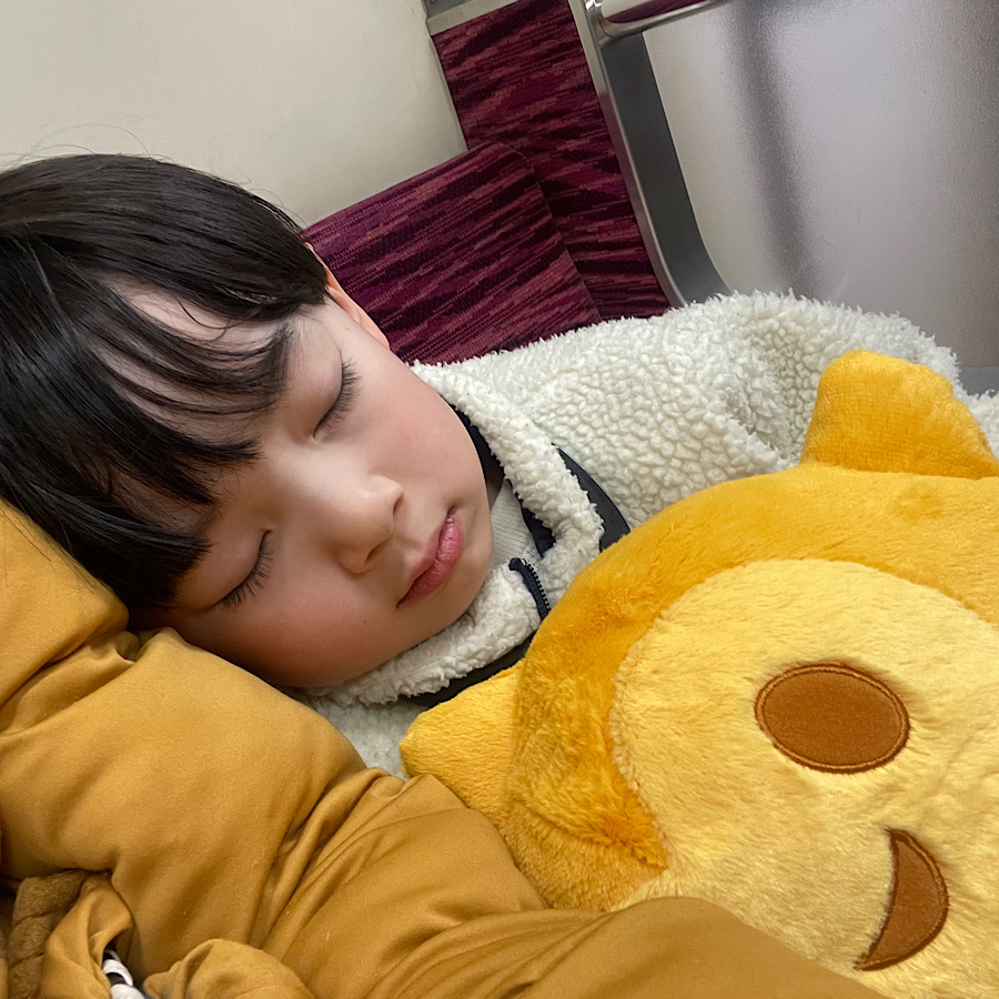 スポッチャダイバーシティ東京プラザ店。クレーンゲームでとったぬいぐるみをかかえて寝る息子。