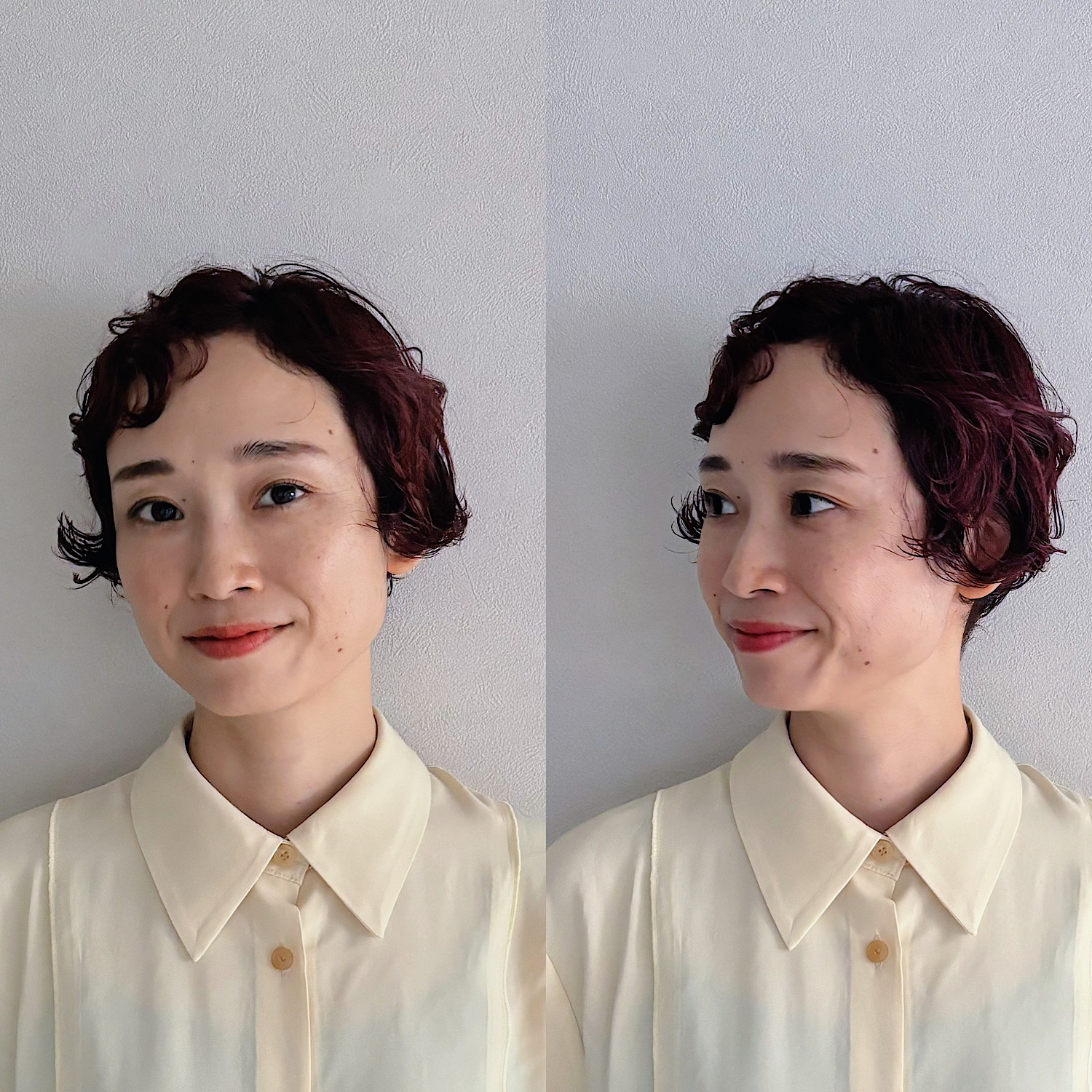 秋ヘアへチェンジした後の写真。くせ毛ショートにピンクブラウンカラーがかわいい！